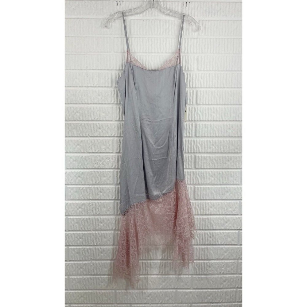 Anthropologie Dress Size 6 Slip Lace Trimmed Satin Silver Sexy Midi Asymmetric - Picture 6 of 12